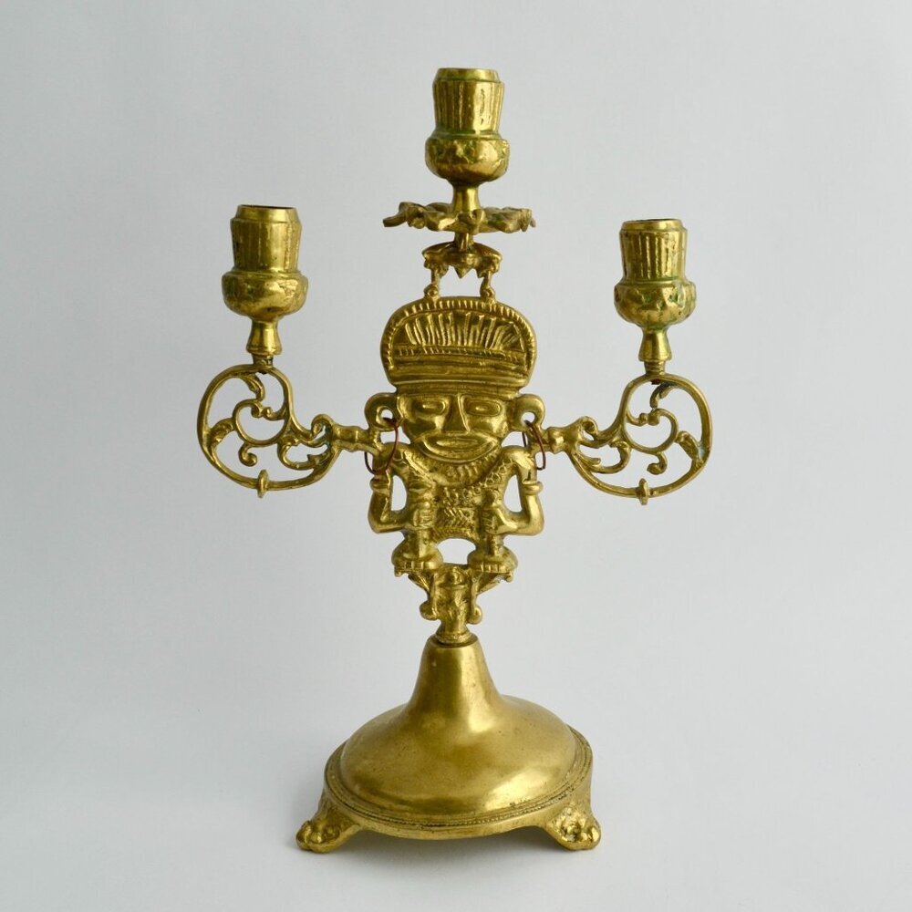 Vintage Brass Figural Candelabra 3-Arm Pre-Columbian Style Tribal Design Candle